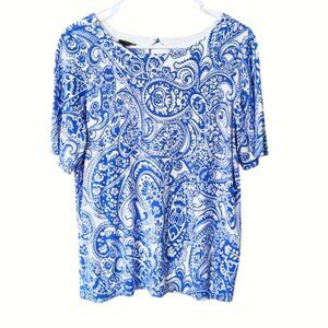 NWOT Talbots Paisley Lightweight Sweater Blouse Cotton Blend White/Blue Sz X